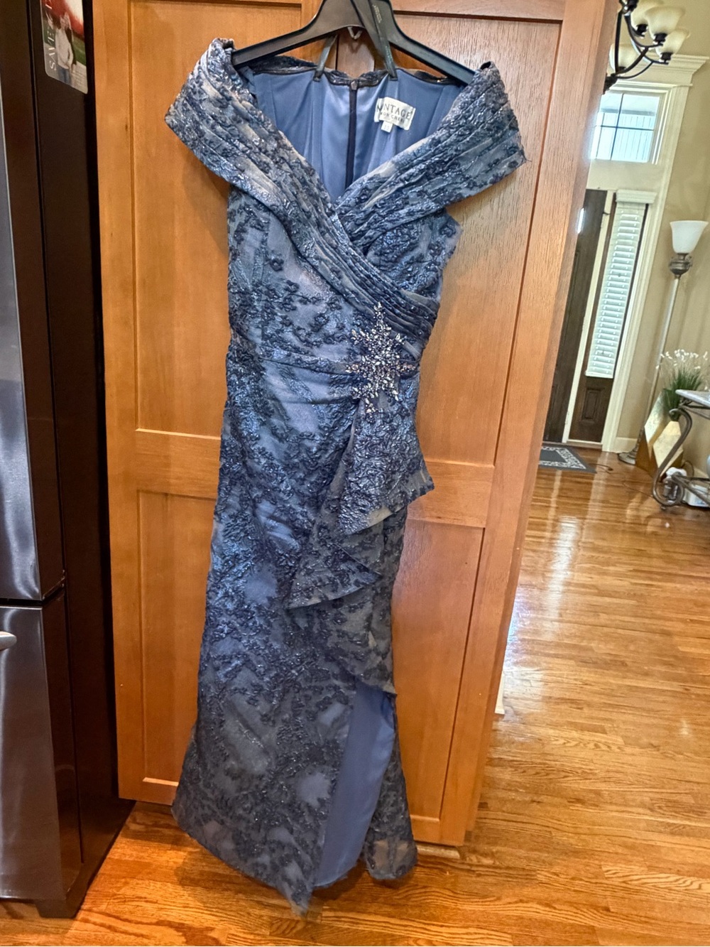 Montage by Mon Cheri Elegant Navy Blue Lace Evening Gown